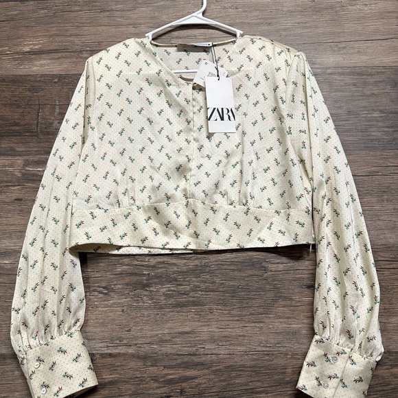 Zara Cream Mandarin Collar Floral Crop Blouse - Picture 1 of 9